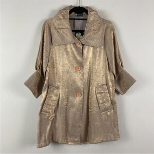 Damee Inc Gold Shimmery 3/4 Length Sleeves Button Up Crinkled Swing Jacket